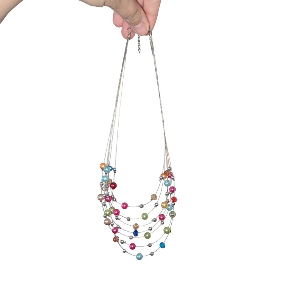 Y2K Multi-Strand Necklace Silver Tone Colorful Faux Pearl Bead‎ Bib